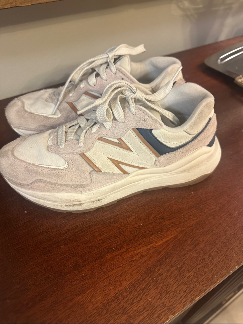 New Balance Women's Pink, Cream & Navy Suede-Trim Sneakers